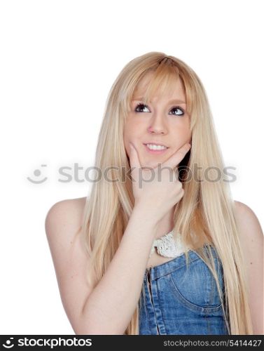 Pensive young girl with blond hair isolated on a over white background