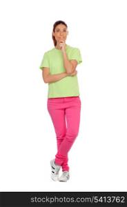 Pensive young girl with pink jeans isolated on a white background