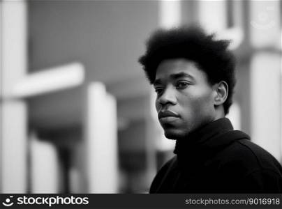 Pensive young man with afro haircut. Generative AI black and white illustration.