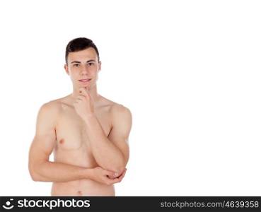 Pensive young man with naked torso isolated on white background