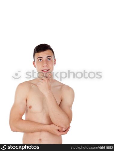 Pensive young man with naked torso isolated on white background