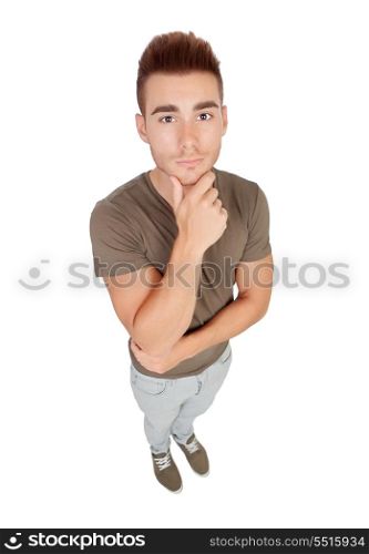Pensive young men isolated on a white background. Top view
