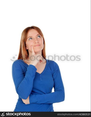Pensive young woman with blue jersey isolated on a white background
