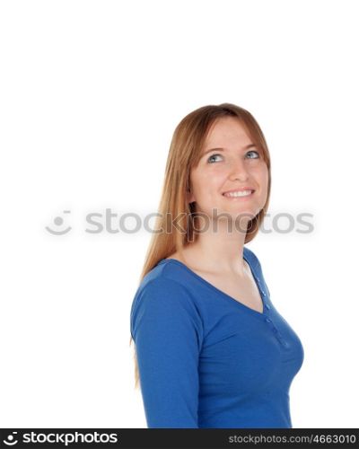 Pensive young woman with blue jersey isolated on a white background