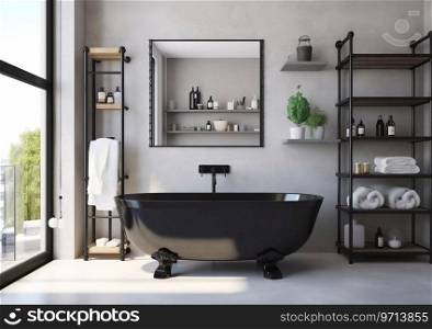 Penthouse bathroom with large window with black bathtub and modern style interiour.Macro.AI Generative