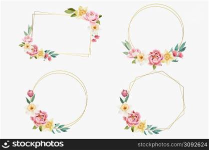 Peony and spring flowers with golden frames