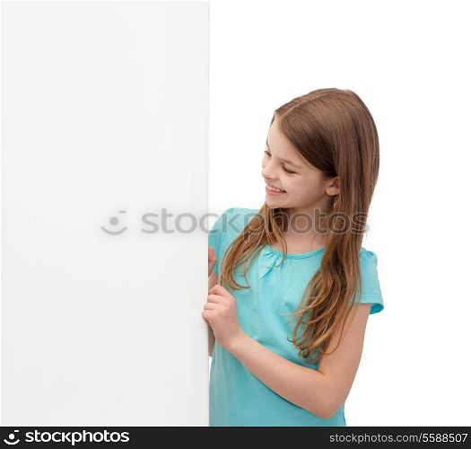 people, advertisement and sale concept - happy little girl with blank white board
