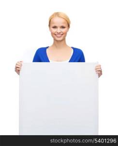 people, advertisement and sale concept - happy woman in casual clothes with blank white board