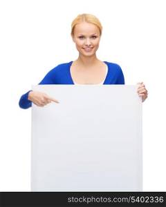 people, advertisement and sale concept - happy woman in casual clothes with blank white board