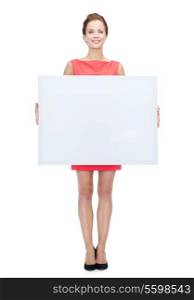 people, advertisement and sale concept - smiling young woman with blank white board
