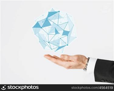 people and business concept - close up of businessman hand showing virtual polygonal projection. close up of businessman showing virtual projection
