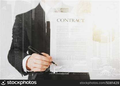people and business concept - close up of businessman holding contract paper over city with double exposure. close up of businessman holding contract paper