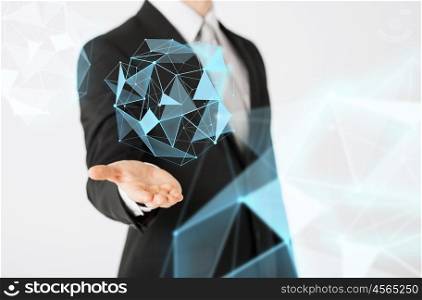 people and business concept - close up of businessman showing virtual polygonal matrix l projection. close up of businessman showing virtual projection