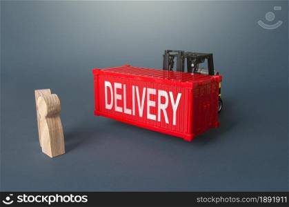 People and Delivery container. World trade, logistics. Delivery of goods and orders to the customer, industrial customers. Transportation by sea or air. Joint purchase. Drop shipping
