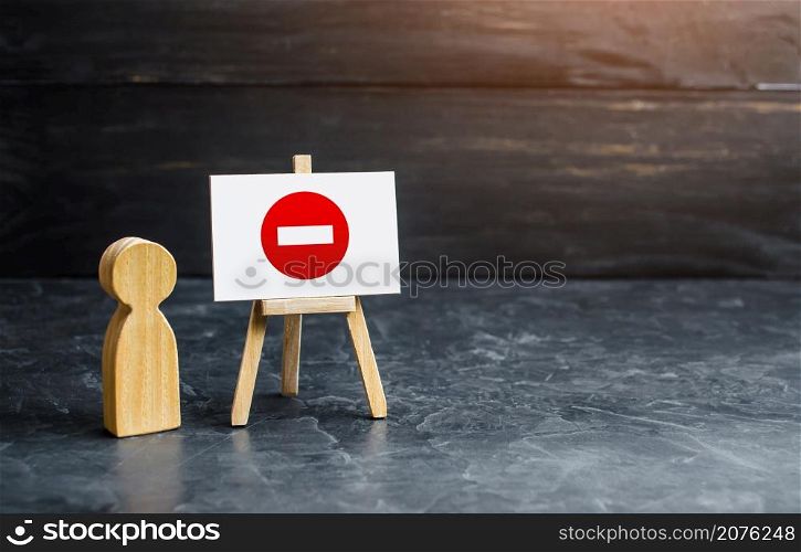 People and easel with a prohibition sign. Restrictions on rights, rules norms. No entry. Restrictive measures, lockdown quarantine. Impossibility, rejection. Not acceptance. Denial, stop and finish