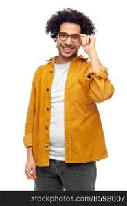 people and fashion concept - happy smiling man in glasses and yellow jacket over white background. happy smiling man in glasses and yellow jacket