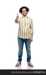 people and fashion concept - happy smiling man in glasses showing thumbs up over white background. happy smiling man in glasses showing thumbs up