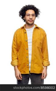 people and fashion concept - man in glasses and yellow jacket over white background. man in glasses and yellow jacket