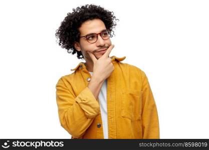 people and fashion concept - thinking man in glasses and yellow jacket over white background. thinking man in glasses and yellow jacket