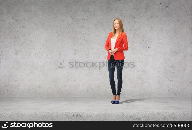 people and happiness concept - beautiful teenage girl in casual clothes on high heels