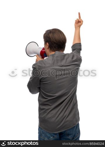people and human rights concept - man with megaphone protesting on demonstration and showing middle finger over white background. man with megaphone showing middle finger