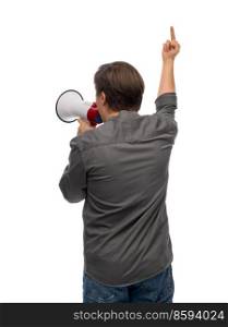 people and human rights concept - man with megaphone protesting on demonstration and showing middle finger over white background. man with megaphone showing middle finger