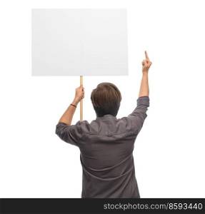 people and human rights concept - man with poster protesting on demonstration and showing middle finger over white background. man with poster protesting on demonstration