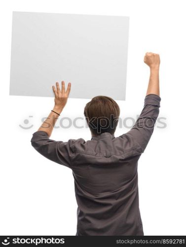 people and human rights concept - man with poster protesting on demonstration over white background. man with poster protesting on demonstration