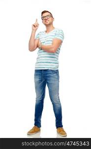 people and idea concept - happy young woman pointing finger up over white. happy young man pointing finger up
