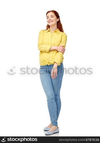 people and portrait concept - happy young woman over white. happy young woman over white
