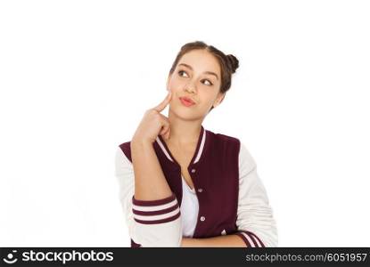 people and teens concept - happy pretty teenage girl thinking. happy pretty teenage girl thinking