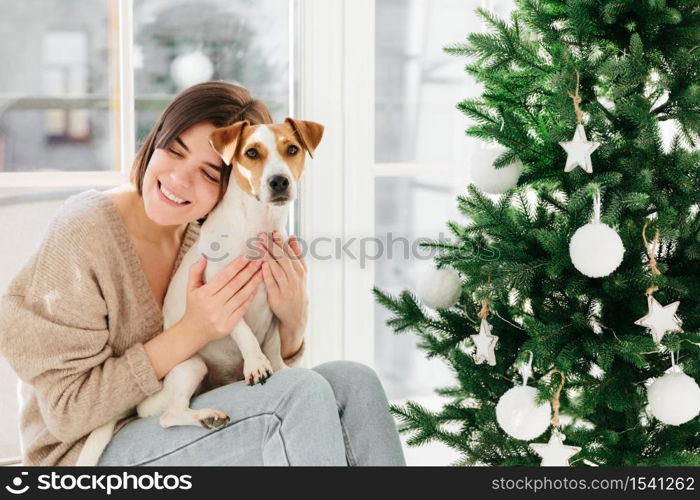 People, animals, relationship and holiday concept. Adorable brunette woman embraces pet with love, dressed in brown oversized sweater and jeans, pose near decorated Christmas tree, have festive mood