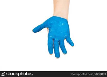 people, body parts and creativity concept - human hand painted with blue color