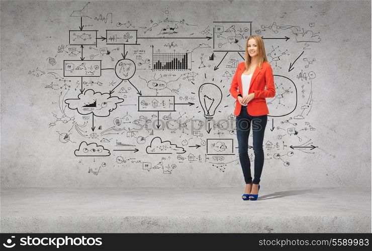 people, business and happiness concept - beautiful teenage girl in casual clothes on high heels