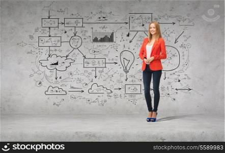 people, business and happiness concept - beautiful teenage girl in casual clothes on high heels