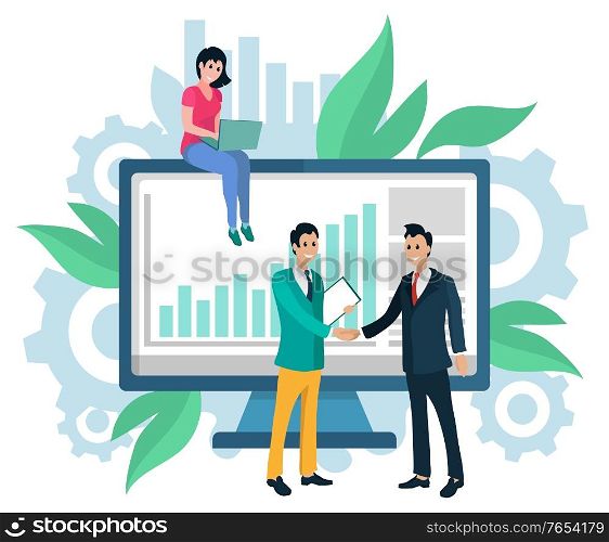 People business partners on meeting vector, man and woman working with information on laptop. Digital analysis of statistics and given data handshake. Charts and Stats on Monitor of Computer Workers