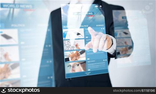 people, business, technology and mass media concept - close up of man pointing finger to world news projection