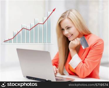 people, business, technology, e-commerce concept - smiling businesswoman with laptop and credit card in office