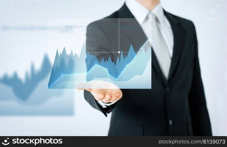 people, business, tecnology and progress concept - close up of man hand showing diagram chart projection