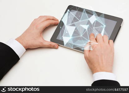 people, business, virtual reality and technology concept - close up of man hands touching tablet pc computer screen with virtual low poly shape projection