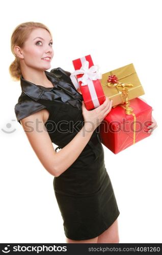 People celebrating holidays, love and happiness concept - beautiful blonde girl with golden red gift boxes isolated