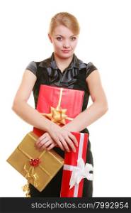 People celebrating holidays, love and happiness concept - beautiful blonde girl with golden red gift boxes isolated