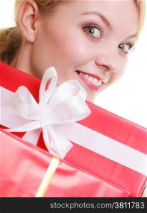 People celebrating holidays, love and happiness concept - beautiful blonde girl with red gift boxes isolated