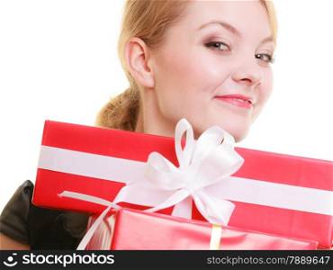 People celebrating holidays, love and happiness concept - beautiful blonde girl with red gift boxes isolated
