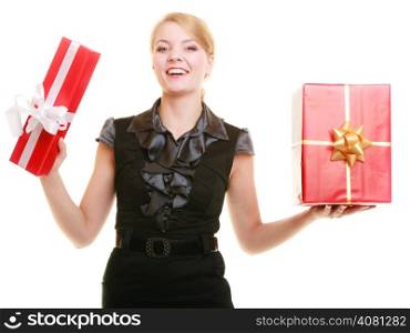 People celebrating holidays, love and happiness concept - excited blonde girl with red gift boxes isolated