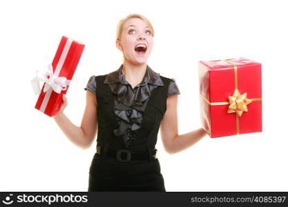 People celebrating holidays, love and happiness concept - excited blonde girl with red gift boxes isolated