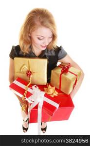 People celebrating holidays, love and happiness concept - smiling blonde girl with gift boxes isolated
