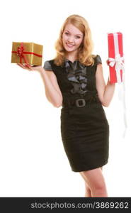 People celebrating holidays, love and happiness concept - smiling blonde girl with gift boxes isolated