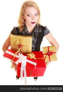 People celebrating holidays, love and happiness concept - smiling blonde girl with gift boxes isolated