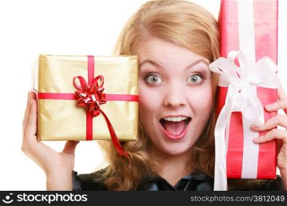 People celebrating holidays, love and happiness concept - surprised blonde girl with gift boxes isolated